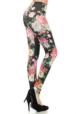 Leggings Pants Floral Colorful Spring Summer Stretch Full Long Length