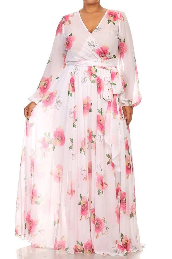 Dress Floral Chiffon Sheer Wrap Print Long Sleeve Wrap Sweep Pink