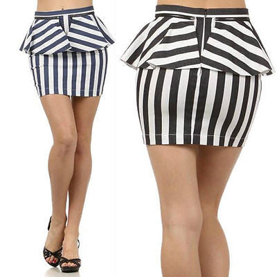 Skirt Striped Navy Peplum Ruffle Banded Zipper Trim Mini Stretch Casual