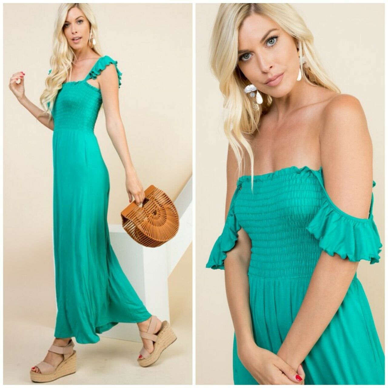 Green Smocked Pockets On Off Shoulder Maxi Dress Casual Womens