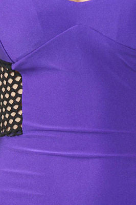 Dress Bodycon Purple Sateen Stretch Mini Fishnet Mesh Panel Club Size