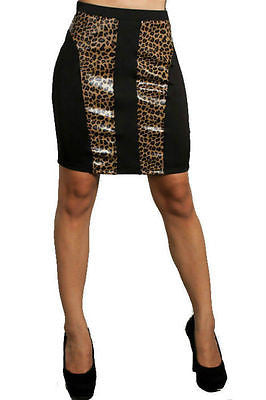 Skirt Pencil Leopard Animal Panel Faux Leather Sexy Wild Stretch Bodycon