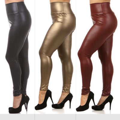 Plus Leggings Faux Leather Metallic High Waist 1X 2X 3X Pants Solid Womens New