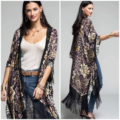 Delphi Floral Motif Tassel Kimono Duster Full Long Maxi Length Coverup Wrap