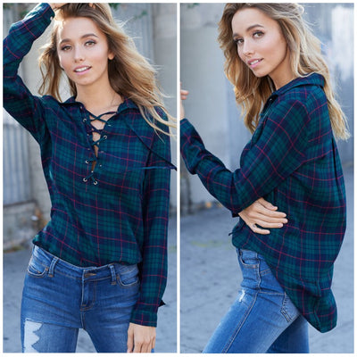 Olive Green Navy Lace Up Plaid Long Sleeve Blouse Top Tunic Hi Low Womens