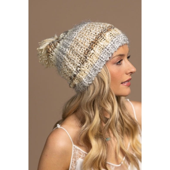 Ivory Cozy Knitted Striped Pompom Winter Knit Beanie Women's Hat Casual Gift