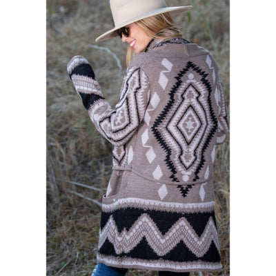 Aztec Tribal Western Patterned Knit Belted Open Cardigan Sweater w/ Pockets
