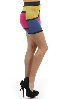 Skirt Color Block Mini Stretch Knit Mod Pink Yellow Blue Sexy Square