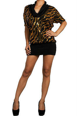 Cowl Mini Sequin Dress Gold Black Animal Print Sparkling Knit Club Party