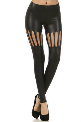 Leggings Faux Matte Leather Cut Out Knee Sexy Stretch Pants Full Length