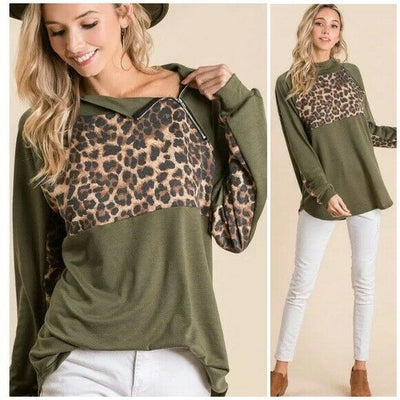Olive Green Leopard Zipper French Terry Pullover Top Casual Womens