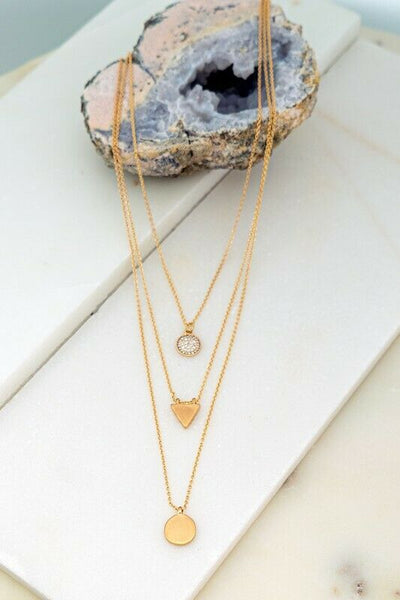 Gold Multi Row Delicate Charm Boho Disc Triangle Necklace