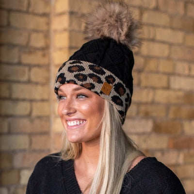 Black Leopard Cable Knit Faux Fur Pom Fleece Lined Women's Winter Beanie Hat