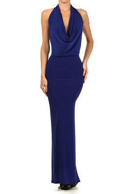 Dress Gown Formal Cocktail Halter Drape Cowl Maxi Solid Low Back Sexy