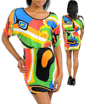 Dress Mini Colorful Geometric Abstract Dolman Sleeve Backside Keyhole
