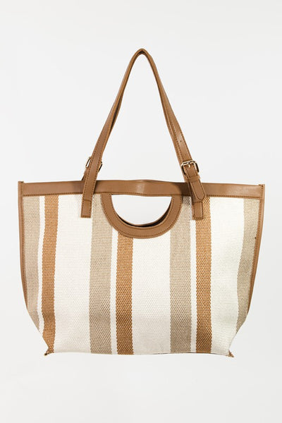 Brown Striped Faux Leather Trim Tote Bag