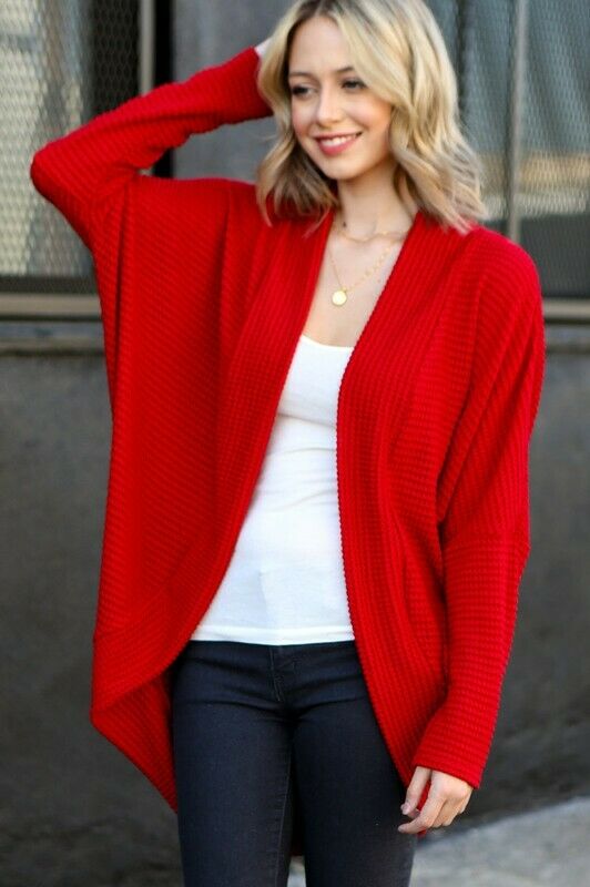 Red Waffle Knit Dolman Sleeve Rounded Cardigan Casual Womens