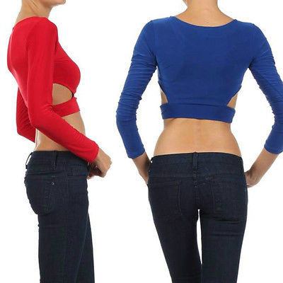 Top Midriff Crop Cut Outs Exposed Solid Blue Red Long Sleeve Sexy Hot