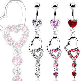Silver Double Heart Raindrop CZ Cubic Zirconia Gem Dangle Belly Navel Ring