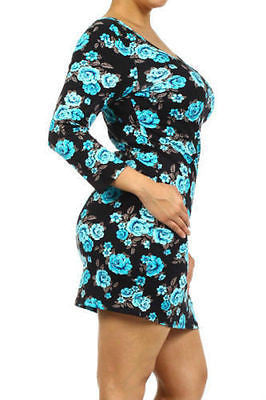 Dress Plus Floral Casual Spring 3/4 Sleeve Knit Bodycon Mini Sexy