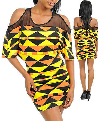 Dress Mini Open Shoulder Mesh Triangle Graphic Stretch Keyhole Sexy