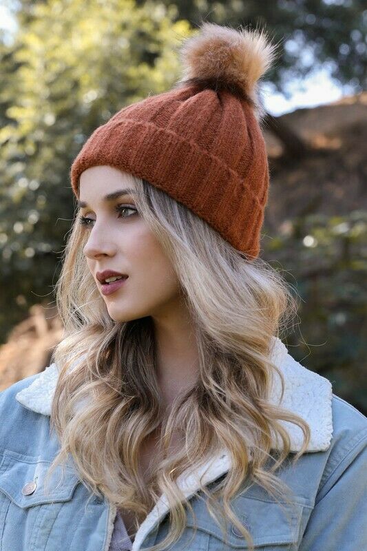 Rust Soft Knit Faux Fur Pompom Womens Winter Beanie Hat