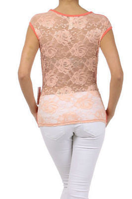 Shirt Top Coral Solid Front Lace Back Ruched Dual Tone Stretch