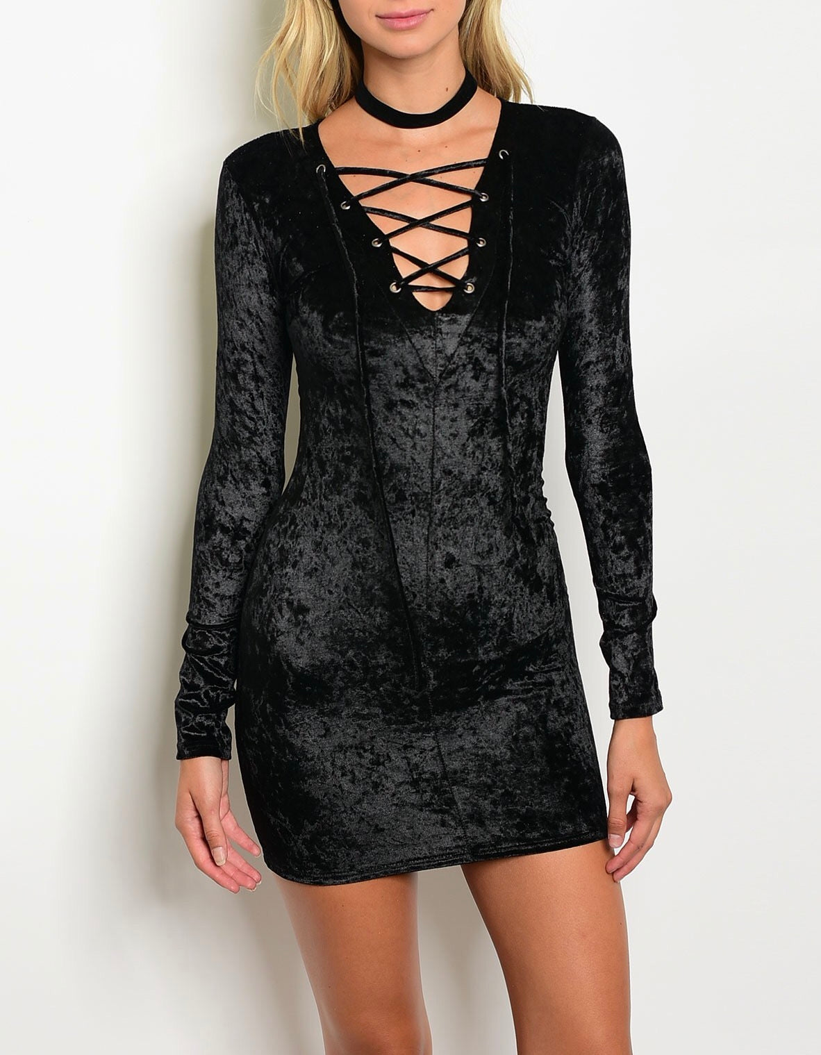 Black Velvet Mini Dress Lace Up Long Sleeve Crushed Bodycon Sexy Small