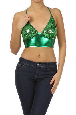 Womens Crop Top Sequin Shiny Metallic Lame Sparkling Sexy Club