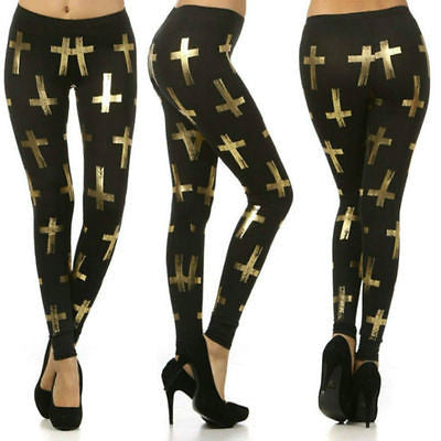Sexy Club Gold Metallic Foil Crosses Fashion Long Full Length Stretch Leggings