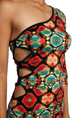 Womens Dress One shoulder 3/4 Slv Kaleidoscope Colorful Open Side Waist