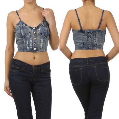 Top Crop Denim Button Distressed Faded Blue Smocked Back Casual Stretch