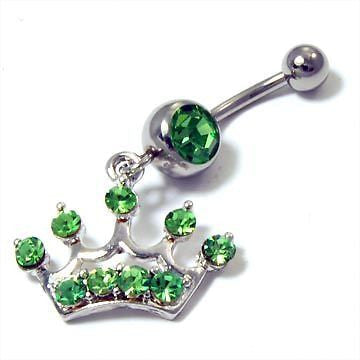 Green Crystal Studded Rhinestone Royal Crown Belly Navel Ring