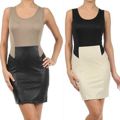 Dress Sexy Faux Leather Sleeveless Mini Club Quilted Scuba Stretch Woman