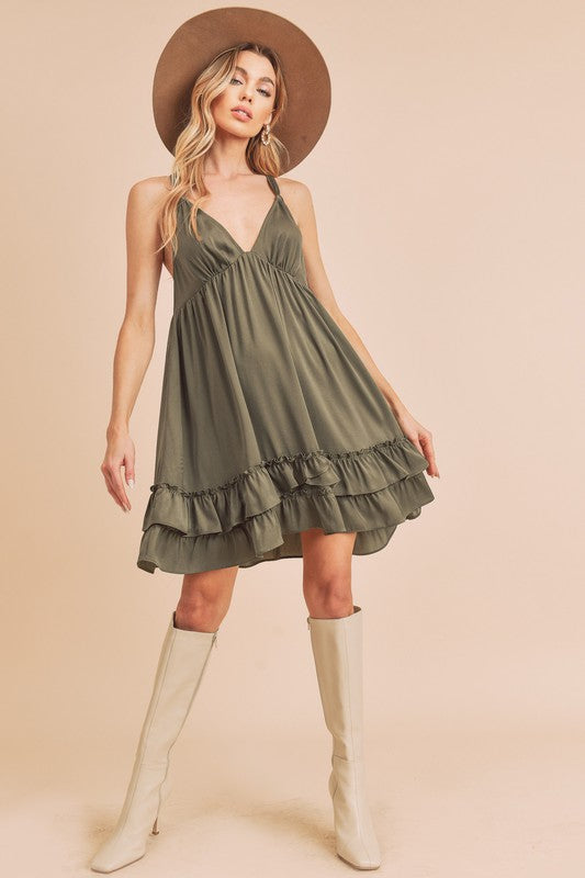 Sonia - Olive Green Tiered Ruffled Hem Flirty Slip Mini Dress