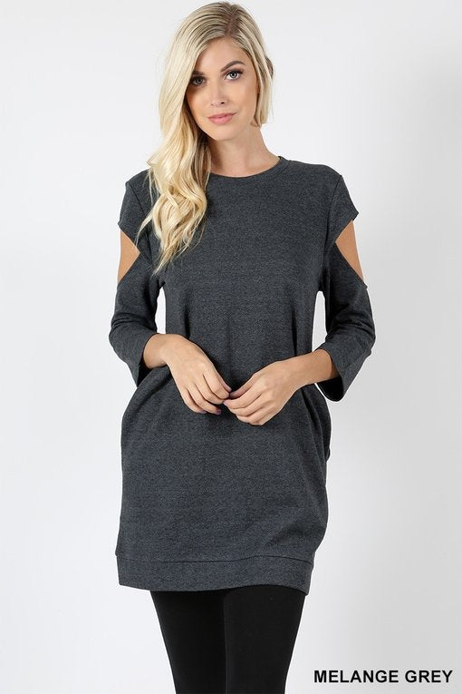 Gray Tunic Sweatshirt Cut Out 3/4 Sleeve Oversized Crew Casual Solid