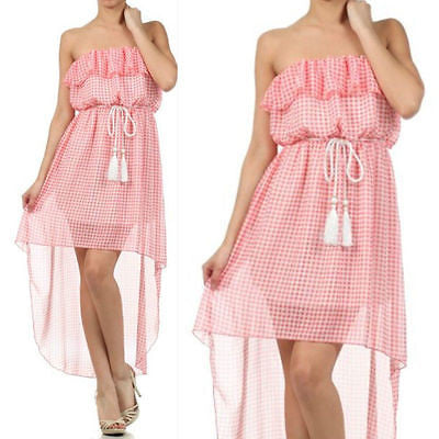 Dress Sheer Chiffon Hi Low Hem Checkered Flounce Strapless Summer Pink