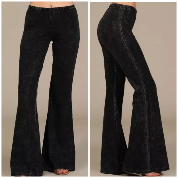 Black Boho Mineral Wash Flared Bell Bottom Stretch Pull On Pants Womens