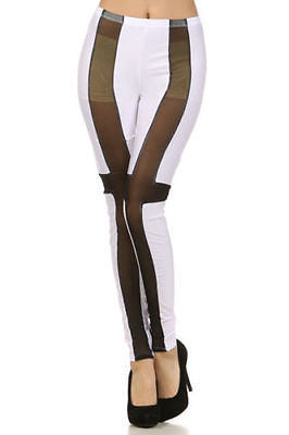 Leggings Pants Shimmer Solid Mesh See Through Panel Stretch Long