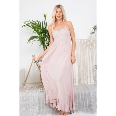 Nude Pink Scallop Crochet Lace Bust Strapless Tube Tiered Skirt Maxi Long Dress