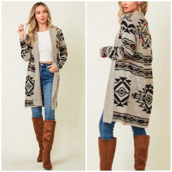 Taupe Rainbow Multi Colored Aztec Tribal Jacquard Open Knit Cardigan Sweater