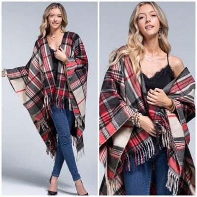 Scarlet Red Holiday Plaid Fringe Accent Knit Fall Winter Ruana Wrap Open Poncho