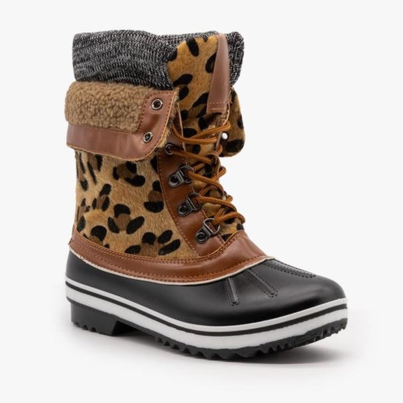 Leopard Animal Print Sherpa Winter Duck Ankle Boots