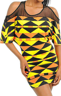 Dress Mini Open Shoulder Mesh Triangle Graphic Stretch Keyhole Sexy