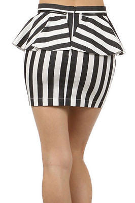 Skirt Striped Navy Peplum Ruffle Banded Zipper Trim Mini Stretch Casual