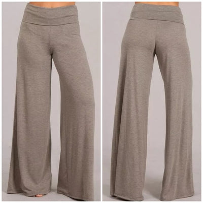 Heather Taupe Casual Wide Leg Solid High Foldover Waist Palazzo Casual Womens Pant