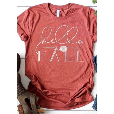 Heather Clay Hello Fall Graphic Tee T-Shirt Bella Canvas Womens Casual