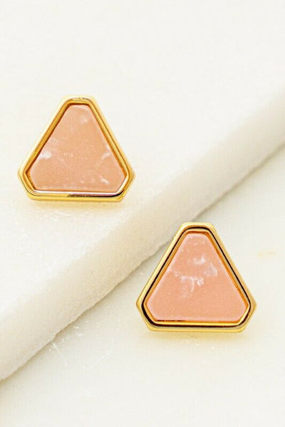 Pink Rose Quartz Gold Rimmed Triangle Natural Stone Stud Earrings