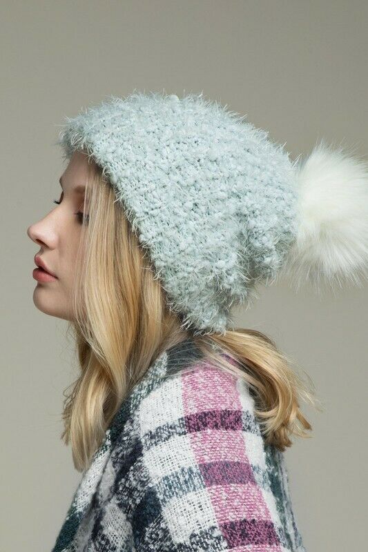 Light Blue Eyelash Knit Beanie Foldover Band Faux Fur Pom Pom Womens Winter Hat