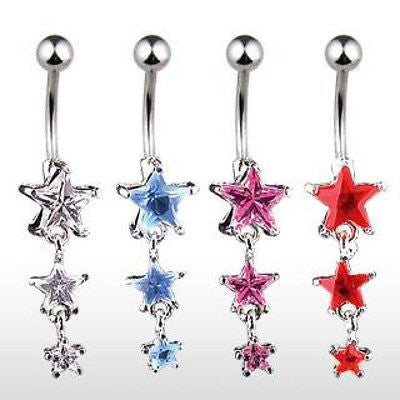 Navel Ring Silver Triple Star CZ Dangle Surgical Stainless Steel